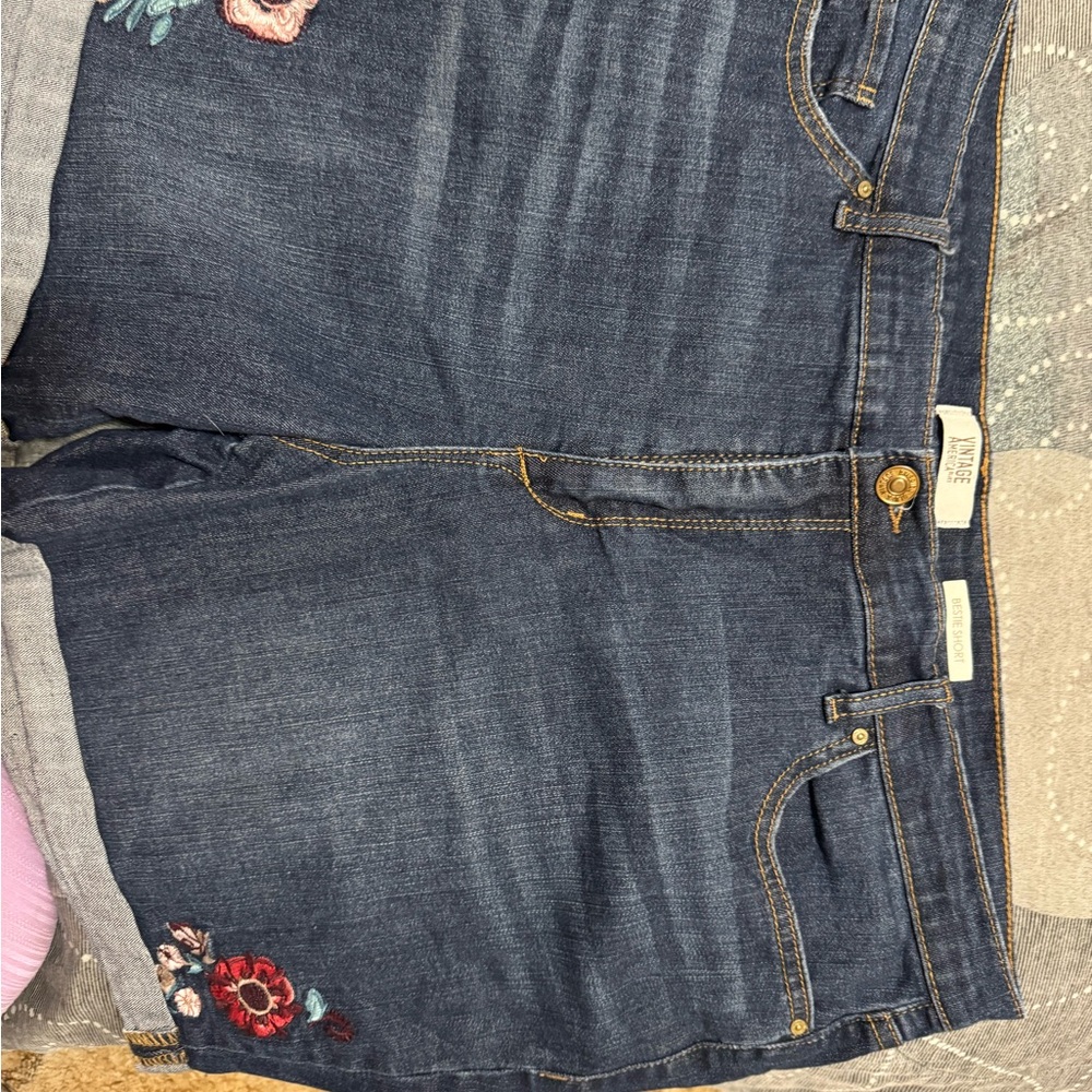 Blue Embroidered Jeans Floral Shorts